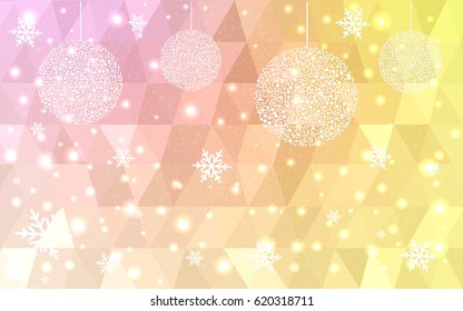 Light Pink Yellow vector low poly crystal background with snowflakes. Polygon christmas design pattern . Low poly illustration of New Year celebration.