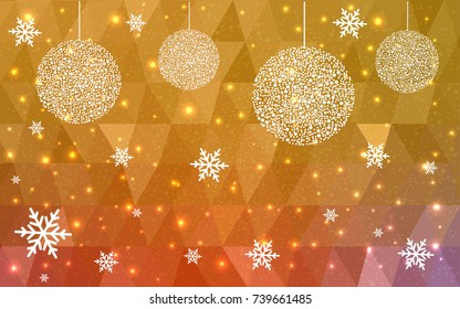 Light Pink Yellow vector low poly crystal background with snowflakes. Polygon christmas design pattern . Low poly illustration of New Year celebration.