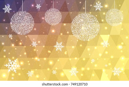 Light Pink Yellow vector low poly crystal background with snowflakes. Polygon christmas design pattern . Low poly illustration of New Year celebration.