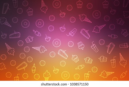 Light Pink, Yellow vector pattern with delicious cookies. Blurred decorative design of desserts in doodle style. Template of children's food in cafe.