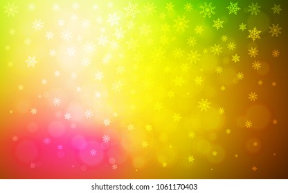 Light Pink, Yellow vector pattern with christmas snowflakes. Blurred decorative design in xmas style with snow. The pattern can be used for new year leaflets.