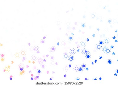 Light Pink, Yellow vector pattern with simple suns, stars. Shining colored illustration with stars, suns. Pattern for futuristic ad, booklets.