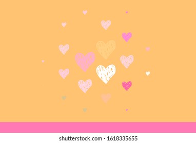 Light Pink, Yellow vector pattern with colorful hearts. Decorative design with hearts in simple style . Template for Valentine's greeting postcards.