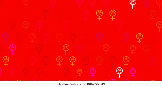 Light Pink, Yellow vector pattern with feminism elements. Illustration with signs of women strength and power. Simple design for your web site.