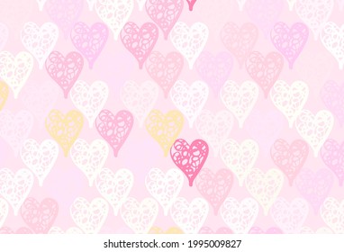 Light Pink, Yellow vector pattern with colorful hearts. Beautiful celebration style hearts on abstract illustration. Template for Valentine's greeting postcards.