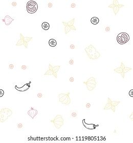 Light Pink, Yellow vector seamless cover with cuisine gourmet. Fast Food on blurred abstract background with colorful gradient. Pattern for menu of cafes, bars, restaurants.