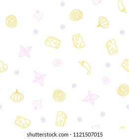 Light Pink, Yellow vector seamless texture with delicious snacks. Beautiful colored illustration with food in doodle style. Design for ad, poster, banner of cafes or restaurants.