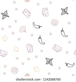 Light Pink, Yellow vector seamless texture with delicious snacks. Glitter abstract sketch with gourmet food. Pattern for ads of breakfast, lunch, dinner.