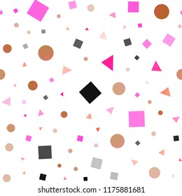 Light Pink, Yellow vector seamless backdrop with lines, circles, rhombus. Illustration with set of colorful circles, triangles, squares. Pattern for trendy fabric, wallpapers.