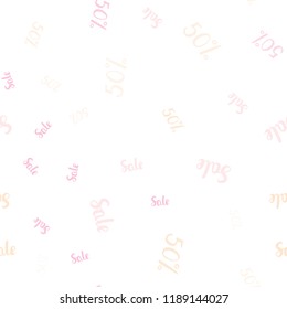 Light Pink, Yellow vector seamless texture with selling prices 50 %. Shining colorful illustration with isolated selling prices. Template for season sales, shopping ads.