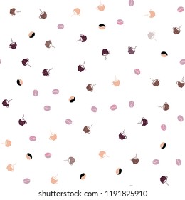 Light Pink, Yellow vector seamless template with cups of coffee, beans. Colorful illustration with gradient coffee beans, mugs. Doodle design for your business advert of cafes.