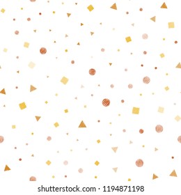 Light Pink, Yellow vector seamless backdrop with lines, circles, rhombus. Decorative design in abstract style with lines, dots, cubes. Pattern for trendy fabric, wallpapers.