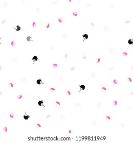 Light Pink, Yellow vector seamless texture with coffee beans, mugs. Gradient abstract collection of coffee cups and beans. Template of a black hot beverage in a cafe.
