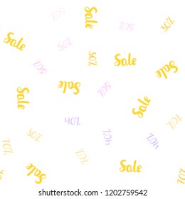 Light Pink, Yellow vector seamless background with 30, 40, 50 % signs of sales. Shining colorful illustration with isolated selling prices. Backdrop for mega promotions, discounts.