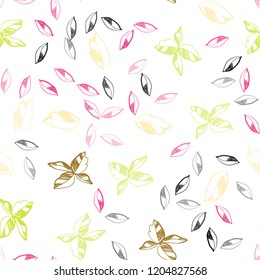 Light Pink, Yellow vector seamless natural backdrop with leaves. Sketchy doodles with leaves on blurred background. Trendy design for wallpaper, fabric makers.