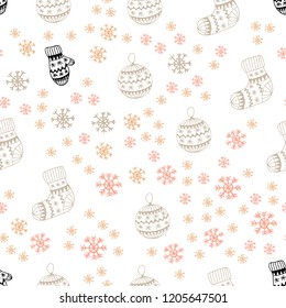Light Pink, Yellow vector seamless texture with colored snowflakes, balls, socks, mittens. Shining colorful illustration in christmas style. Design for wallpaper, fabric makers.