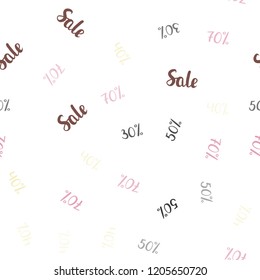 Light Pink, Yellow vector seamless template with 30%, 40%, 50% selling. Colorful set of  percentage signs in simple style. Pattern for ads, posters, banners of sales.