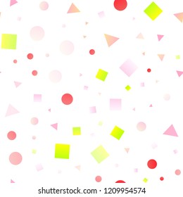 Light Pink, Yellow vector seamless backdrop with lines, circles, rhombus. Decorative design in abstract style with lines, dots, cubes. Pattern for trendy fabric, wallpapers.