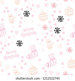 Light Pink, Yellow vector seamless pattern with christmas snowflakes, balls, socks, mittens. Shining colorful illustration in christmas style. Texture for window blinds, curtains.