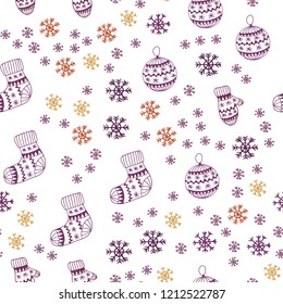 Light Pink, Yellow vector seamless texture with colored snowflakes, balls, socks, mittens. Colorful decorative design in xmas style. Template for business cards, websites.
