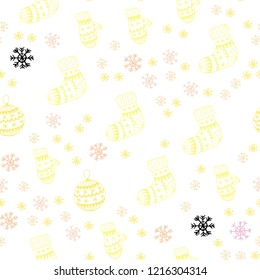 Light Pink, Yellow vector seamless cover with beautiful snowflakes, balls, socks, mittens. Colorful xmas elements with gradient. Design for textile, fabric, wallpapers.