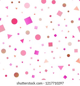 Light Pink, Yellow vector seamless layout with circles, lines, rectangles. Decorative design in abstract style with lines, dots, cubes. Pattern for design of window blinds, curtains.