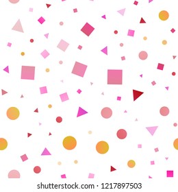 Light Pink, Yellow vector seamless template with crystals, circles, squares. Illustration with set of colorful circles, triangles, squares. Design for textile, fabric, wallpapers.