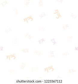Light Pink, Yellow vector seamless cover with symbols of 30, 40, 50 % sales. Colored words of sales with gradient on white background. Pattern for ads, posters, banners of sales.