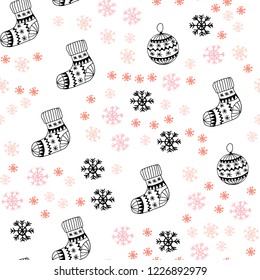 Light Pink, Yellow vector seamless texture with colored snowflakes, balls, socks, mittens. Modern geometric abstract illustration. Pattern for trendy fabric, wallpapers.