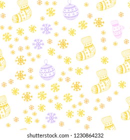 Light Pink, Yellow vector seamless layout with bright snowflakes, balls, socks, mittens. Colorful xmas elements with gradient. Pattern for design of fabric, wallpapers.