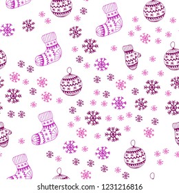 Light Pink, Yellow vector seamless background with xmas snowflakes, balls, socks, mittens. Colorful decorative design in xmas style. Pattern for trendy fabric, wallpapers.