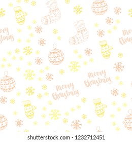 Light Pink, Yellow vector seamless pattern with christmas snowflakes, balls, socks, mittens. Glitter abstract illustration with gradient. Design for wallpaper, fabric makers.