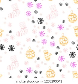 Light Pink, Yellow vector seamless texture with colored snowflakes, balls, socks, mittens. Colorful xmas elements with gradient. Pattern for trendy fabric, wallpapers.