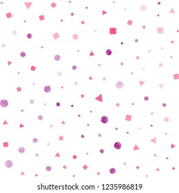 Light Pink, Yellow vector seamless layout with circles, lines, rectangles. Illustration with set of colorful circles, triangles, squares. Pattern for design of fabric, wallpapers.