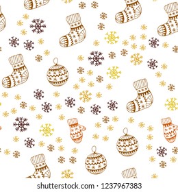 Light Pink, Yellow vector seamless layout with bright snowflakes, balls, socks, mittens. Shining colorful illustration in christmas style. Design for textile, fabric, wallpapers.