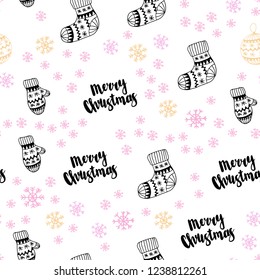 Light Pink, Yellow vector seamless template with ice snowflakes, balls, socks, mittens. Modern geometric abstract illustration. Design for wallpaper, fabric makers.