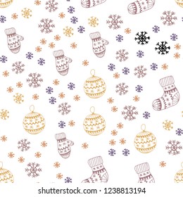 Light Pink, Yellow vector seamless background with xmas snowflakes, balls, socks, mittens. Colorful decorative design in xmas style. Design for wallpaper, fabric makers.