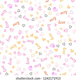 Light Pink, Yellow vector seamless template with text LOVE YOU, hearts. Design in doodle style with text LOVE YOU, hearts. Design for textile, fabric, wallpapers.