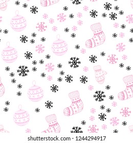 Light Pink, Yellow vector seamless template with ice snowflakes, balls, socks, mittens. Colorful xmas elements with gradient. Pattern for trendy fabric, wallpapers.