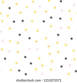 Light Pink, Yellow vector seamless texture with colored snowflakes. Colorful decorative design in xmas style with snow. Pattern for design of fabric, wallpapers.