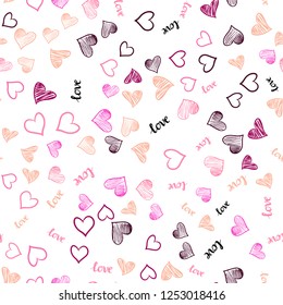 Light Pink, Yellow vector seamless background with words of love, hearts. Illustration with words of love, hearts in abstract style. Design for textile, fabric, wallpapers.