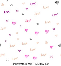 Light Pink, Yellow vector seamless texture with words LOVE YOU, hearts. Illustration with words of love, hearts in abstract style. Design for textile, fabric, wallpapers.