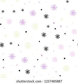 Light Pink, Yellow vector seamless texture with colored snowflakes. Colorful decorative design in xmas style with snow. Pattern for trendy fabric, wallpapers.