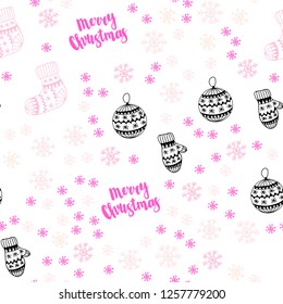 Light Pink, Yellow vector seamless background with xmas snowflakes, balls, socks, mittens. Colorful decorative design in xmas style. Design for textile, fabric, wallpapers.
