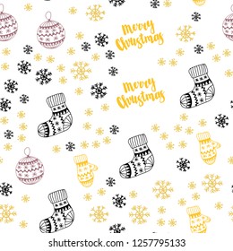 Light Pink, Yellow vector seamless texture with colored snowflakes, balls, socks, mittens. Modern geometric abstract illustration. Pattern for trendy fabric, wallpapers.