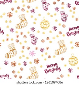 Light Pink, Yellow vector seamless template with ice snowflakes, balls, socks, mittens. Colorful illustration with xmas symbols. Design for wallpaper, fabric makers.