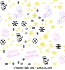 Light Pink, Yellow vector seamless texture with colored snowflakes, balls, socks, mittens. Colorful decorative design in xmas style. Pattern for design of fabric, wallpapers.