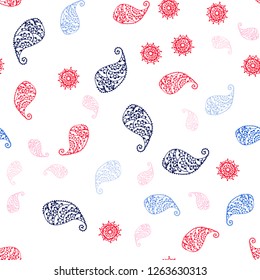 Light Pink, Yellow vector seamless doodle pattern with leaves and flowers. Sketchy doodles on white background. Texture for window blinds, curtains.