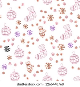 Light Pink, Yellow vector seamless texture with colored snowflakes, balls, socks, mittens. Modern geometric abstract illustration. Template for business cards, websites.