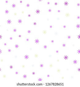 Light Pink, Yellow vector seamless layout with bright snowflakes. Shining colorful illustration with snow on abstract template. Pattern for trendy fabric, wallpapers.